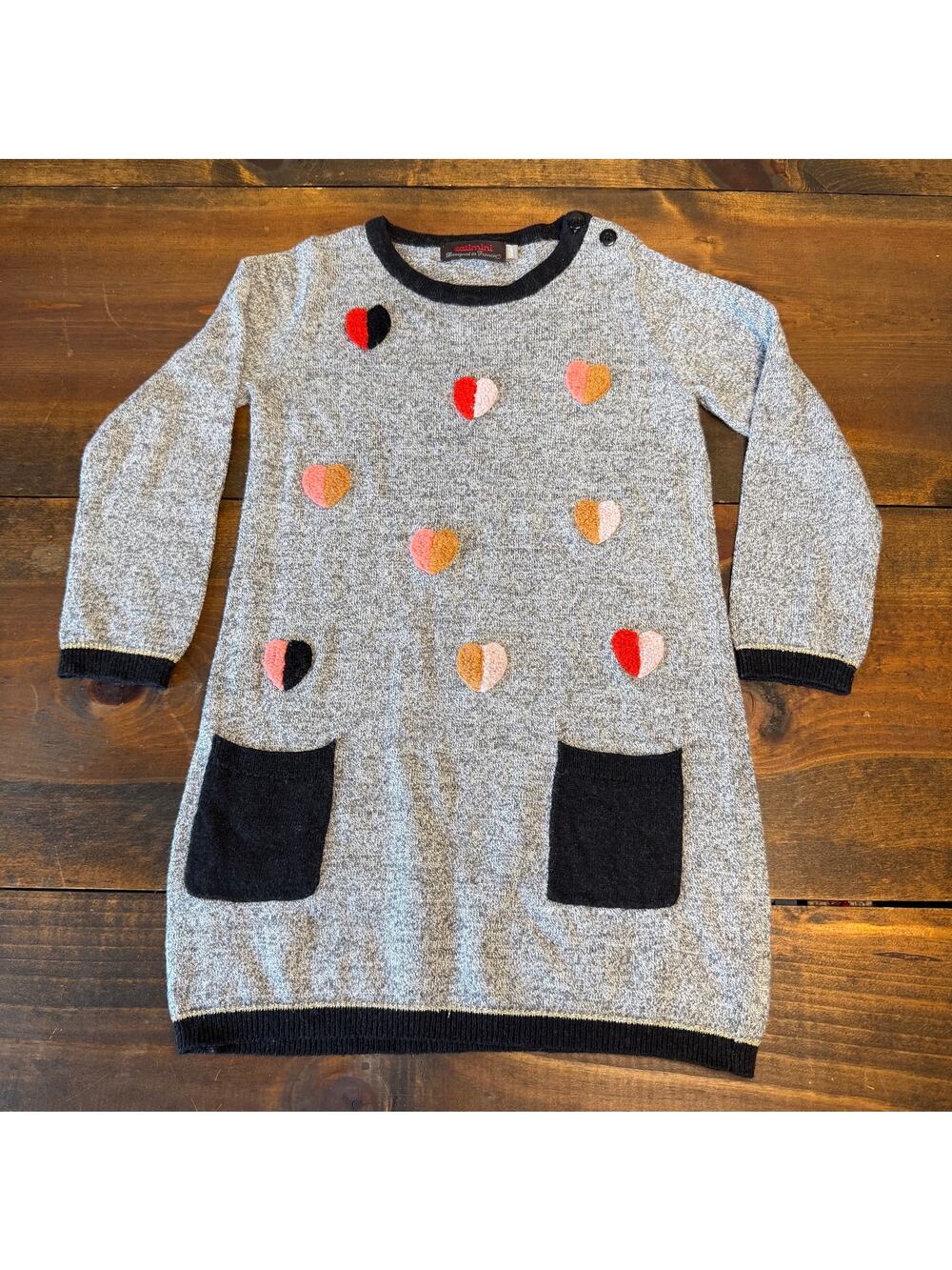Catimini Grey Knit Dress Colorful Heart Appliqués Girl's Size 3 Wool Blend